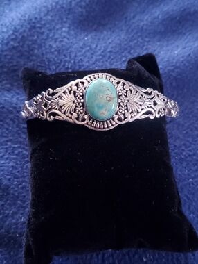 South Hill Turquoise Filagree Open Armed Bangle Bracelet Sz 7.25
